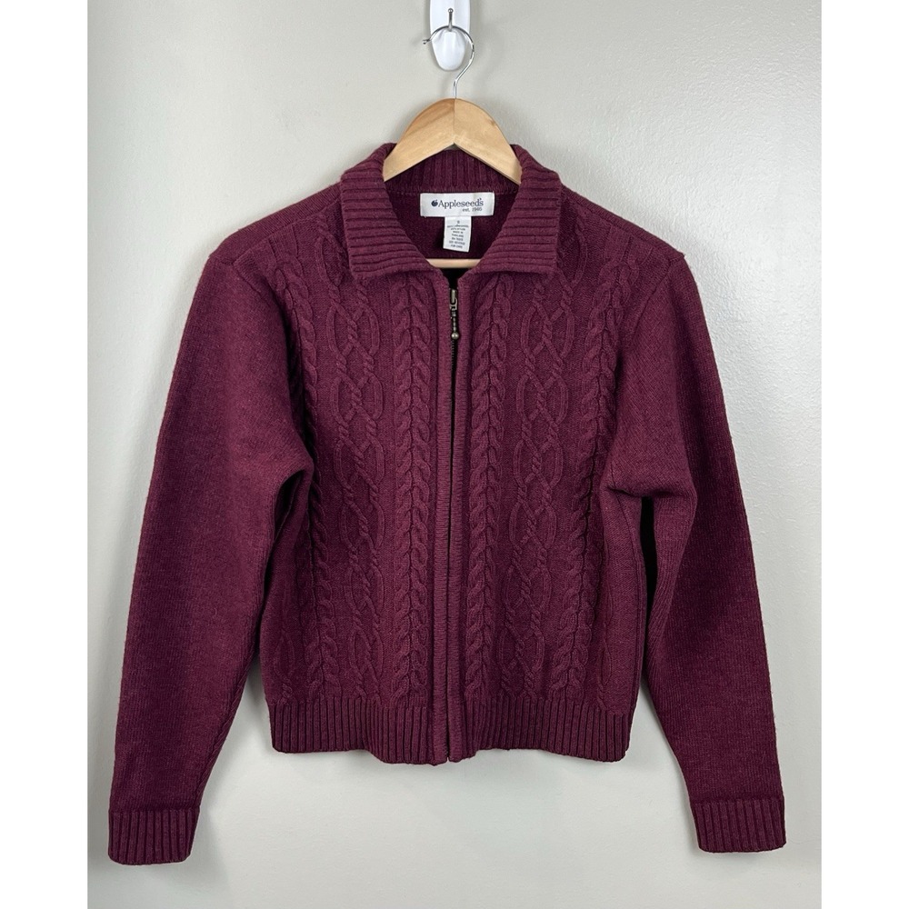 Appleseed's Women's Size Sz Cable Knit Lambswool Full Zip Cardigan Sweater‎ Red